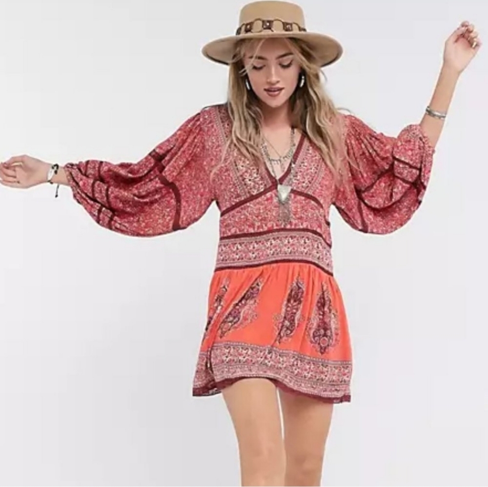 FREE PEOPLE Luna Boho Gypsy India Print V Neck Peasant Dress Orange Red Small